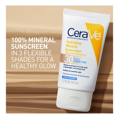 CeraVe Hydrating Mineral Sunscreen SPF 30 met Deursigtige Tint, met Sinkoksied & Titaandioksied Lig (1.7 Oz)