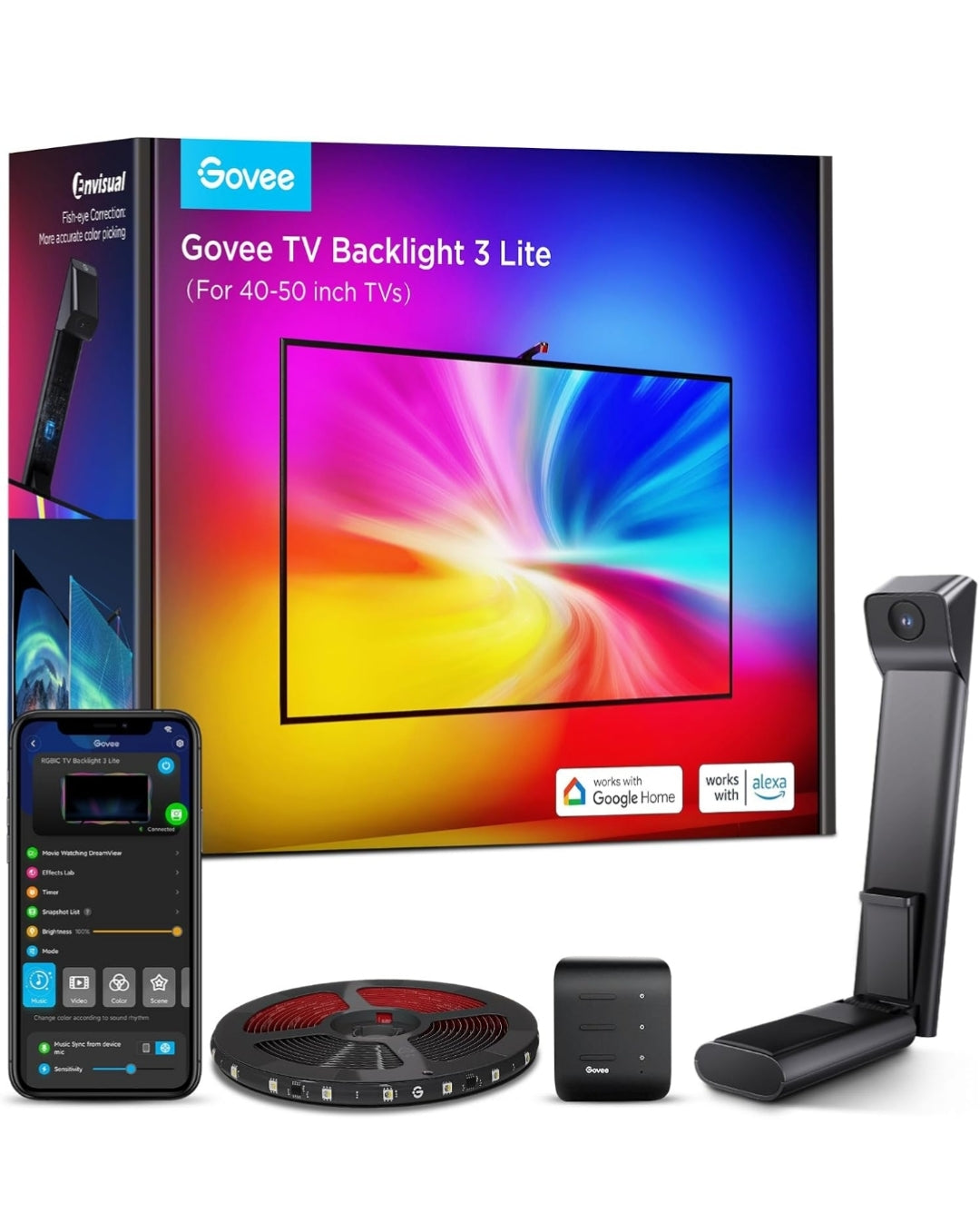 TV Backlight 3 Lite with Fish-Eye Correction Function Sync to 40-50 Inch TVs, 7.8ft RGB Wi-Fi LED Strip Lights w/ Camera, 4 Colors in 1 Lamp Bead, Voice and APP Control