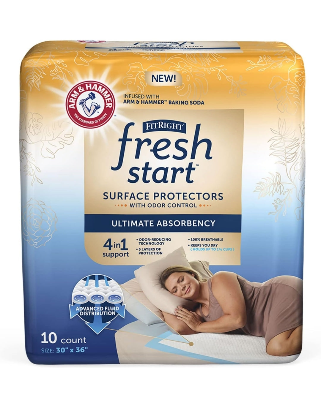 FitRight Fresh Start Disposable Underpads for Incontinence w/ Odor-Control Power of ARM & Hammer (10 CT Pack of 1)