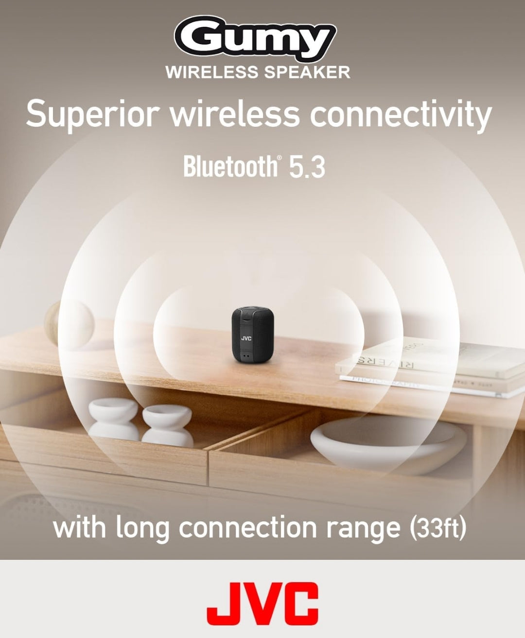 JVC Draagbare Gumy Draadlose Luidspreker met Omringklank, Bluetooth 5.3, Liggewig, TWS-vermoë, USB-C, tot 15-uur Batterylewe - SPSG1BTB (Swart)