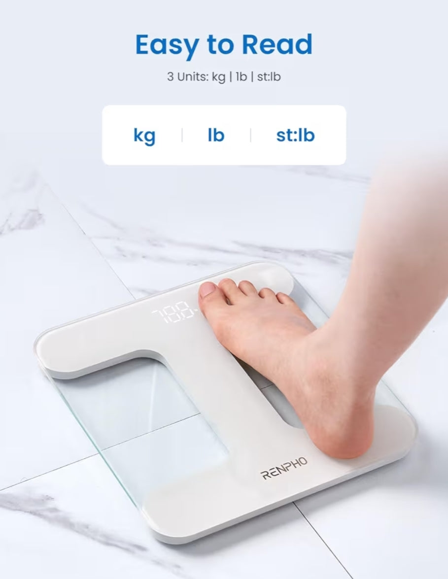 Digital Scale for Body Weight, Highly Accurate Weighing Machine w/ Transparent Tempered Glass, Clear LED Display - 400 lb (White)