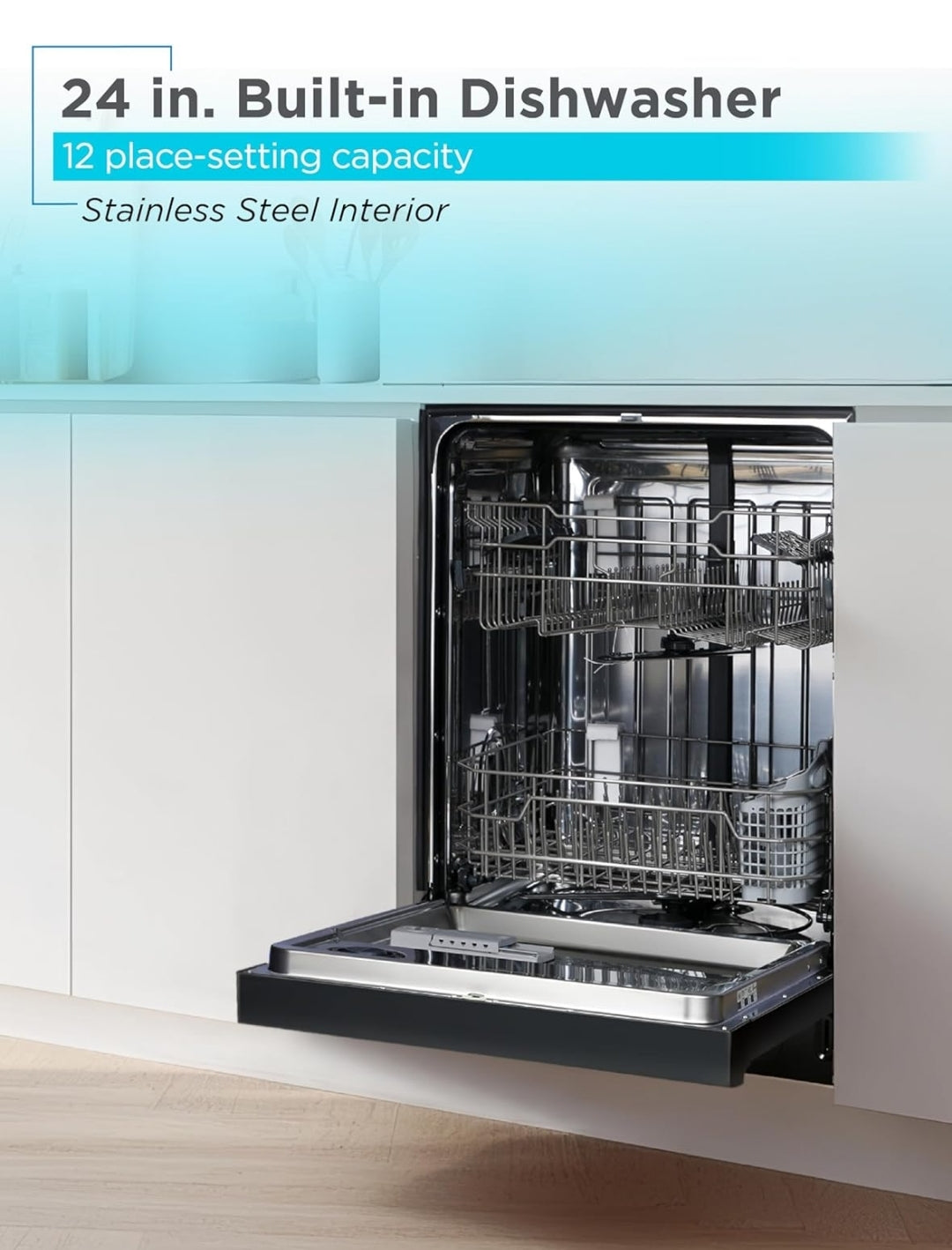 BLACK+DECKER 24" Ingeboude Skottelgoedwasser, 12-Plek Instelling Kapasiteit met Vlekvrye Staal Bad, Skottelgoedwasser met 6 Wasprogramme, Lae Geraas, ENERGY STAR Gesertifiseer, BDW200MB, Swart