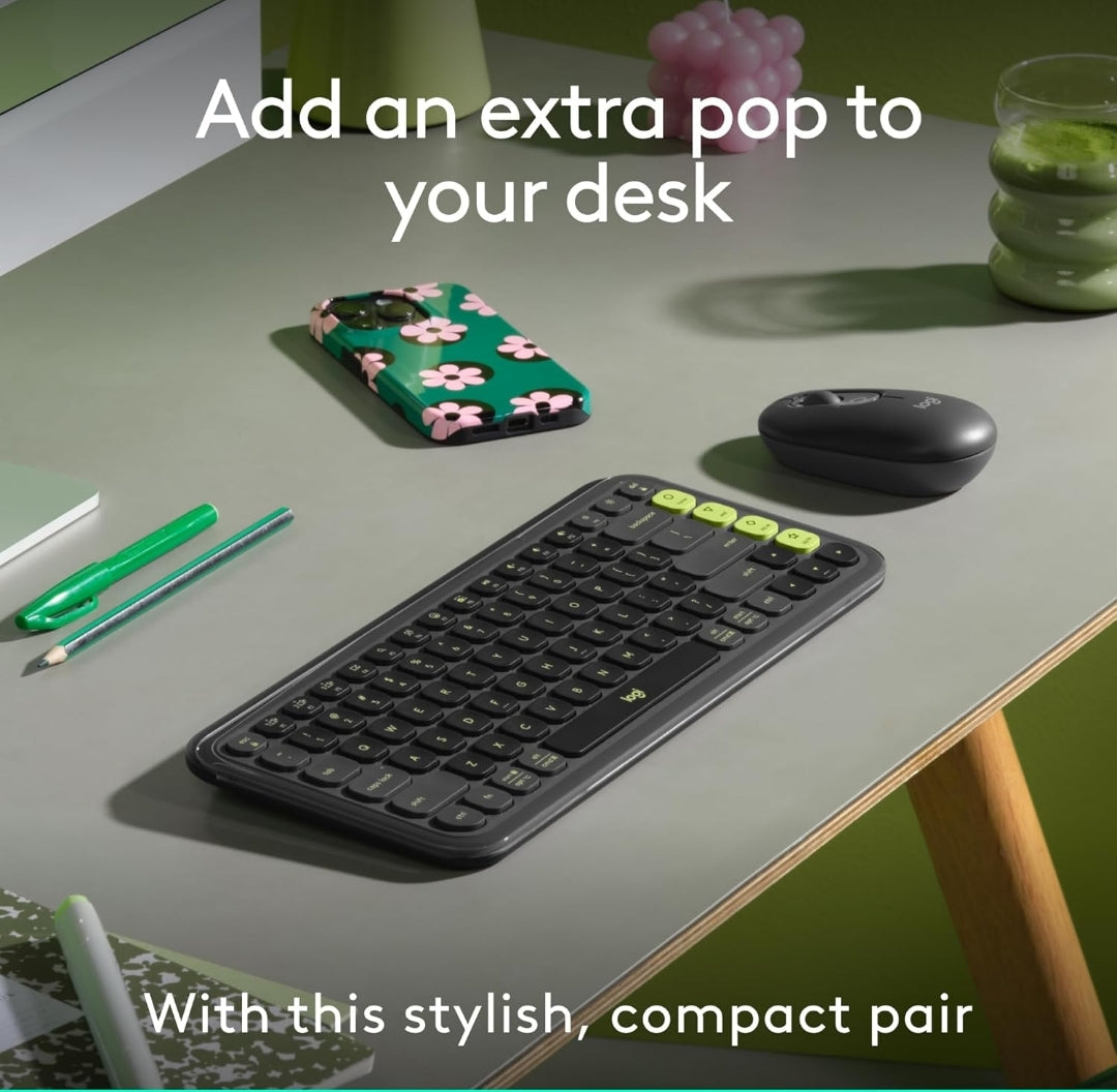 Logitech POP ICON Combo, Bluetooth-sleutelbord-en-muiscombo, gemaklike tik, programmeerbare sleutels en knoppies, stil klikke, maklike wisseling vir tot 3 toestelle – grafiet en lemmetjie