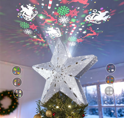 Kersboompie-piekversiering met liggies, Ster met 6 Geprojekteerde Patrone, 3D Hol met Roterende Magiese Projektor vir Kersboomornament - (Silwer)