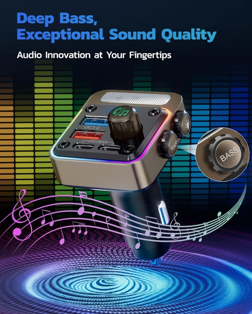 54W Bluetooth 5.3 Motoradapter met 4 Laaipoorte Draadlose Radio FM-sender & 5 Kleure LED Agterlig, Handvrye Oproepe – Goud