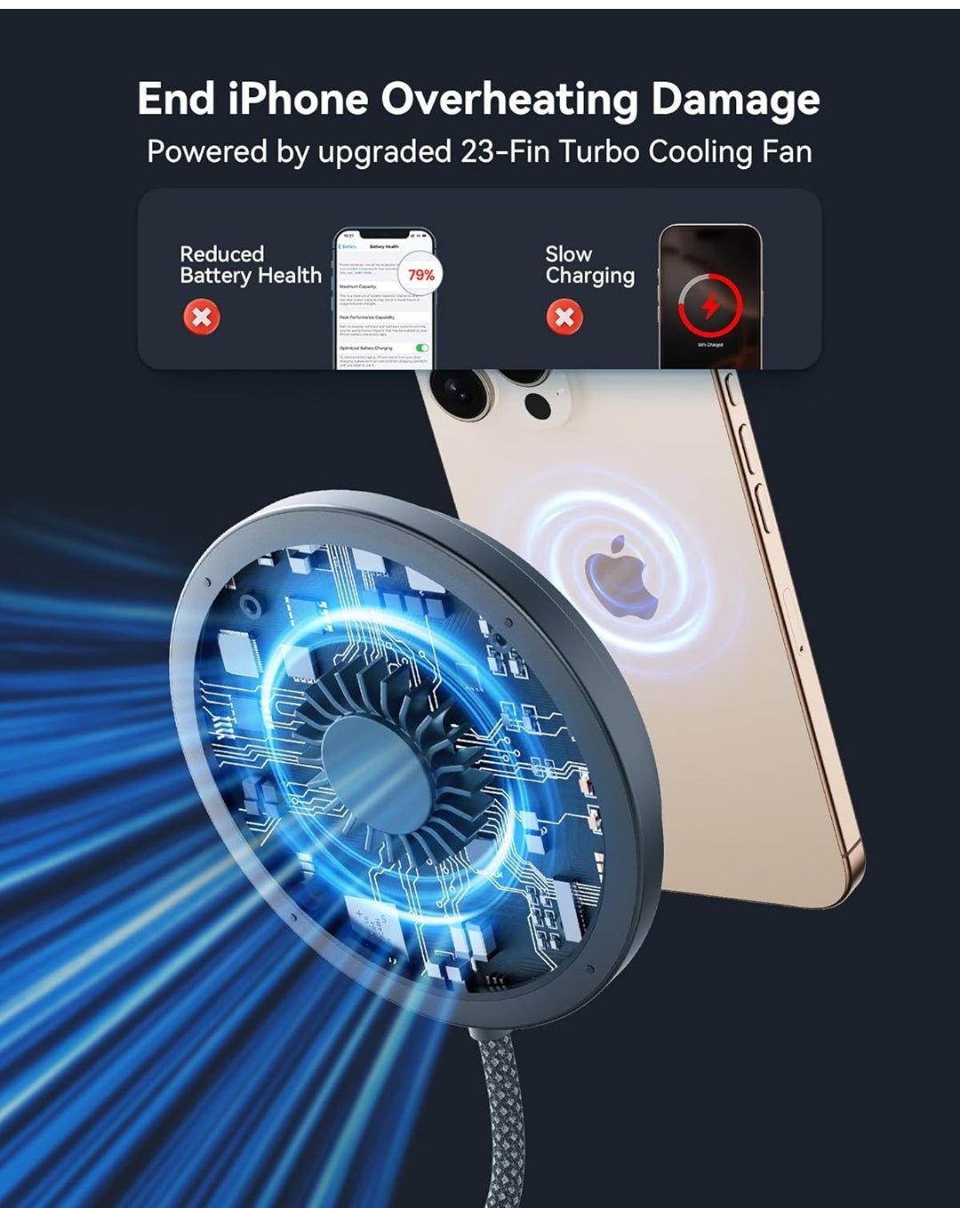 INIU Magnetic Wireless Charger Stand, Qi2 Certified 15W Mag-Safe Wireless Charging Pad with Cooling Fan, Fast Charging Pad for iPhone 16 15 14 13 12 Series AirPods 4 3 2 Pro (with Adapter)