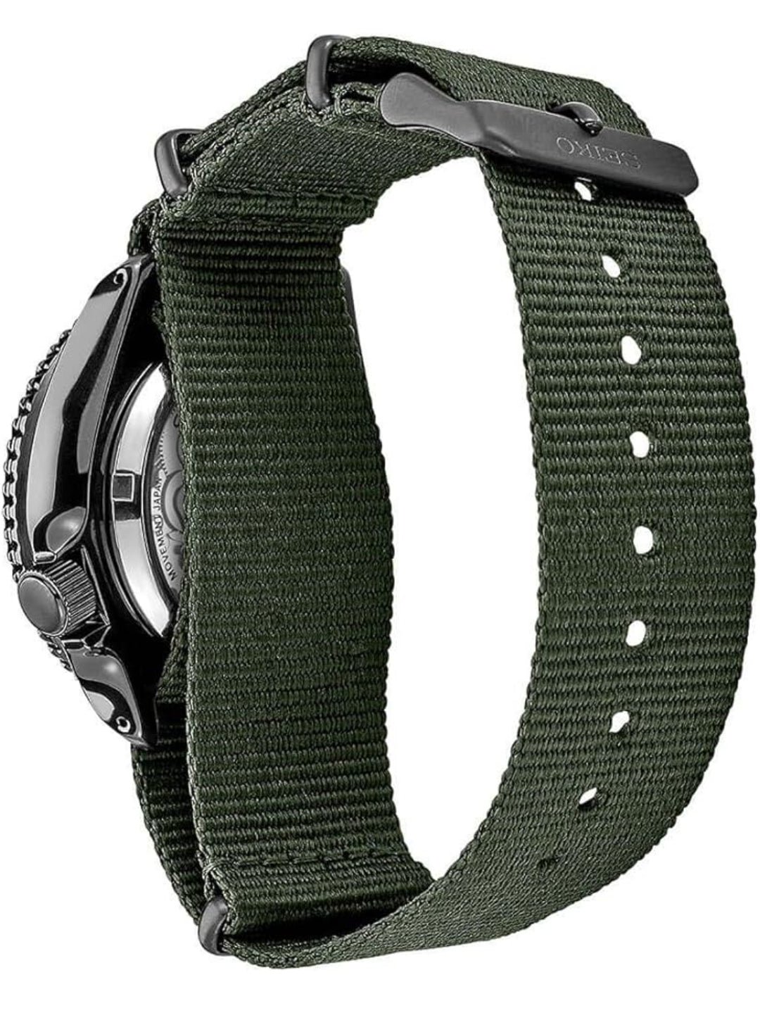 SEIKO Horlosie vir Mans - 5 Sports - Outomaties met Handopwen-beweging, Swart Skakelaar met Swart Ring, Swart Ioon-vlekvrye staal-kas, Groen Nylon Band, en Dag/Datum-vertoning