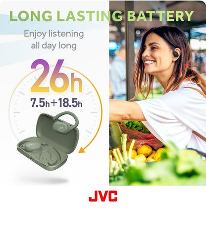 JVC Oorfoon Oopoor Ware Draadlose Oorfone met Spilbewegingmeganisme, 16mm Groot Drywerklank, Enkeloor-gebruik, BT 5.4, Lang Batterylewe (tot 26 Uur) - HANP40TG (Groen)