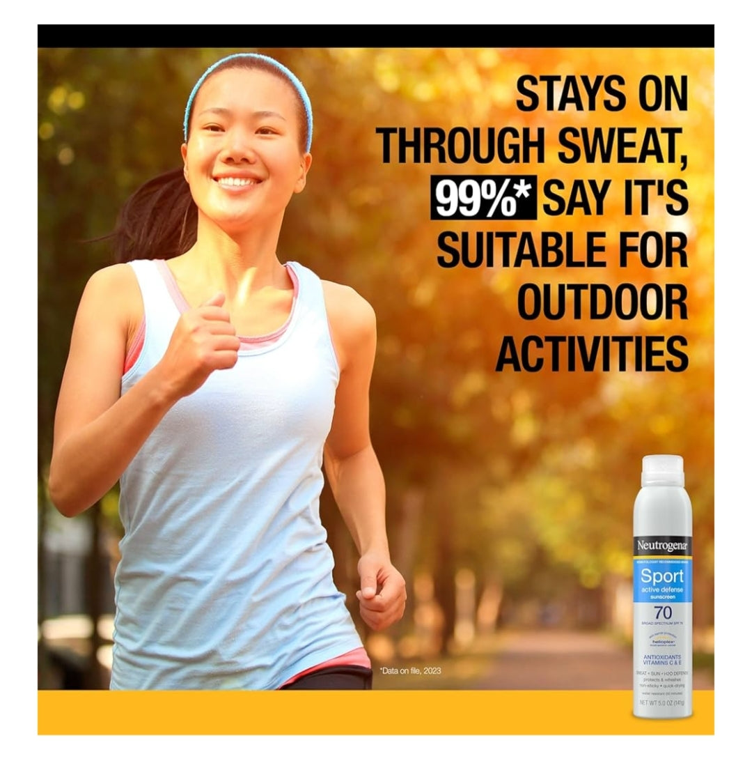 Neutrogena Sport Active Defense SPF 70 Sonbeskermingssproei, Sweet- en Waterbestand Oksibensoonvry, Dubbelpak (5 oz)