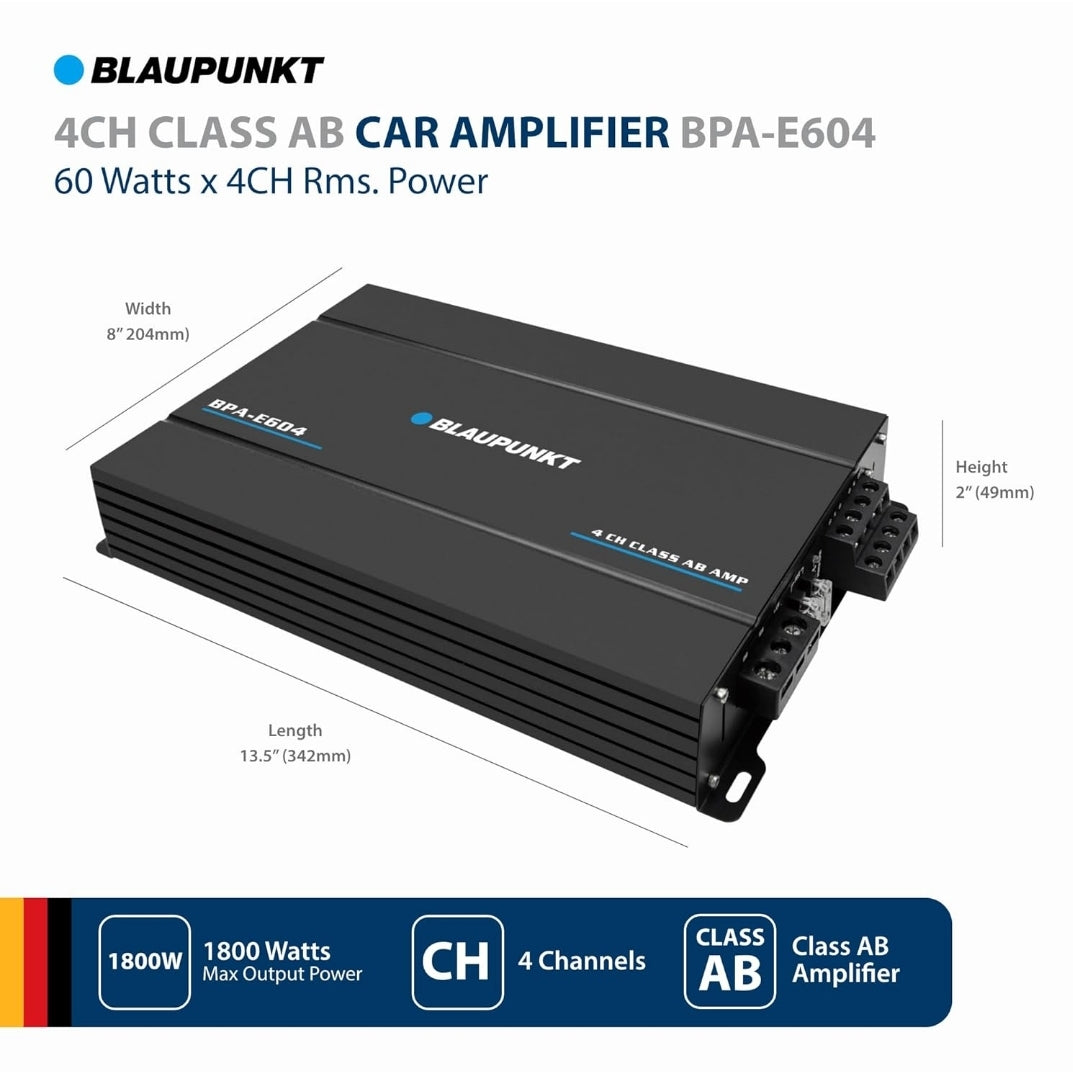 BLAUPUNKT BPA-E604 4-Channel Class AB Car Amplifier - 1800W Max Power, Bridged 360W RMS - Compact Design for Superior Sound Clarity