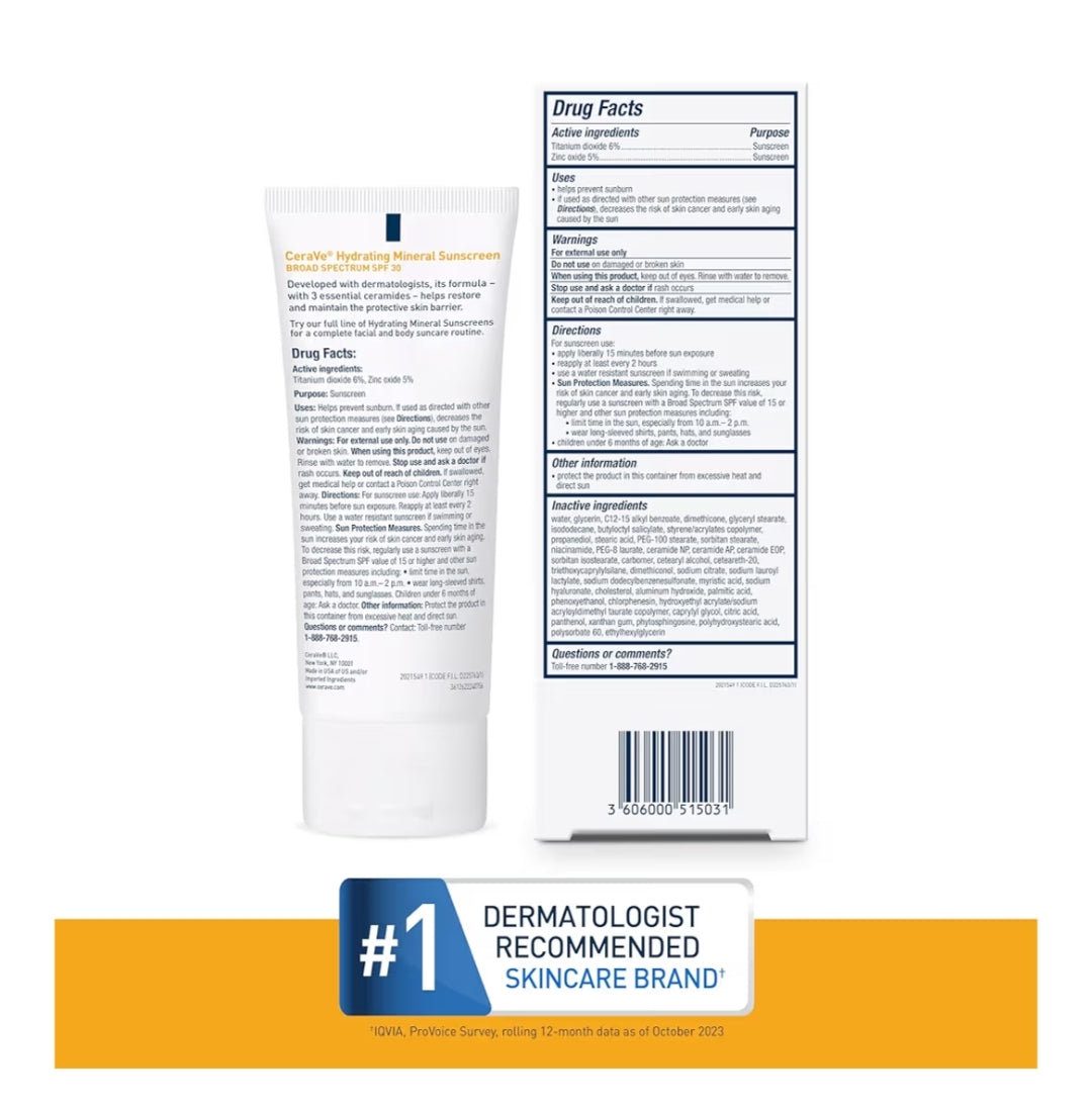 CeraVe 100% Mineral Sunscreen SPF 30 w/ Zinc Oxide & Titanium Dioxide, Hyaluronic Acid + Niacinamide + Ceramides Travel Size (2.5 oz)