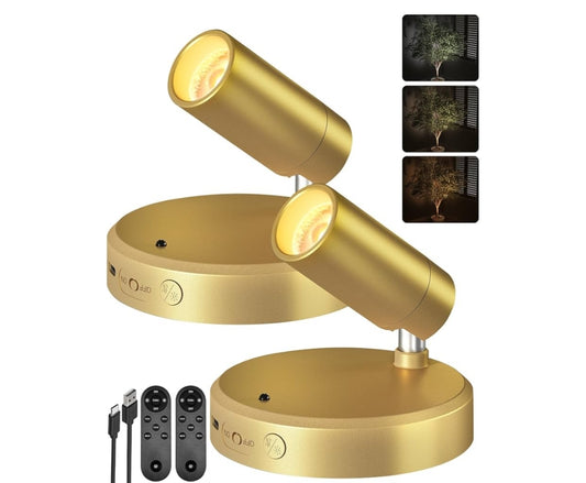 LED Spotlight Indoor, 5500mAh Rechargeable Battery Uplighting, Wireless Mini Art Accent Spot Lights w/ Remote (2Pk - Gold)
