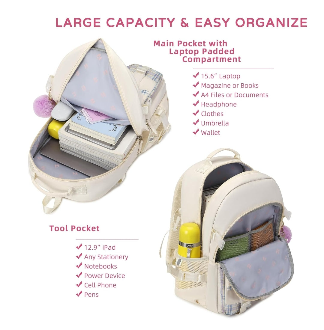 Backpack for Girls, 15.6 Inch Laptop School Bag Kids Kindergarten Elementary College Backpacks Large Bookbags for Teen Girl Women Students Casual Travel Daypacks (Beige)