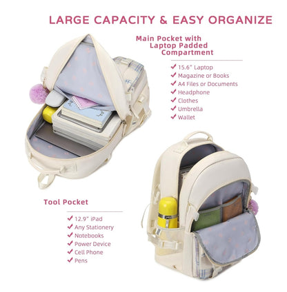 Backpack for Girls, 15.6 Inch Laptop School Bag Kids Kindergarten Elementary College Backpacks Large Bookbags for Teen Girl Women Students Casual Travel Daypacks (Beige)