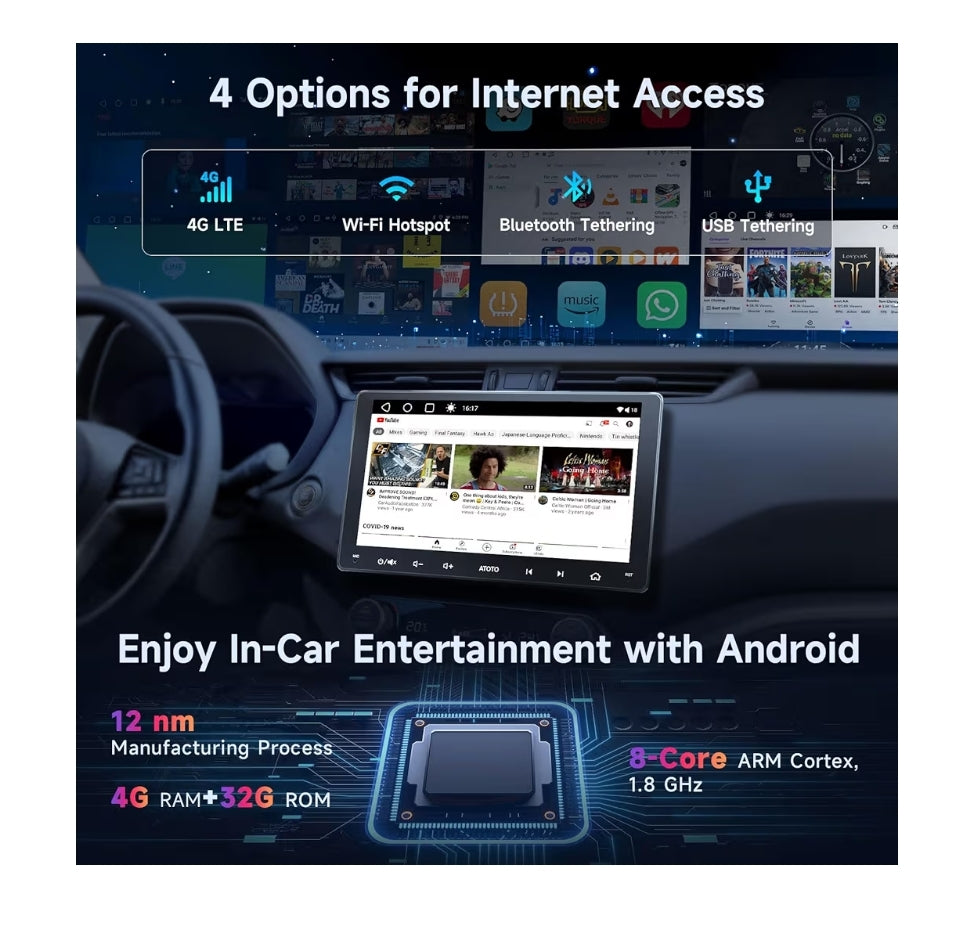 9" Android Dubbel Din Motor Stereo, 4G LTE, Wi-Fi/BT/USB tethering, Draadlose CarPlay & Android Auto, Dubbele Bluetooth, HD Lewendige Agteruitry Kameras, DSP&SCVC, KI Klets