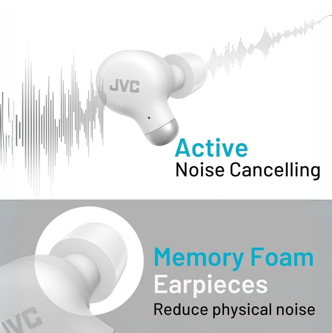 JVC Aktiewe Geraasdempende Ware Draadlose Oorfone - Bluetooth 5.3 met ANC - Gemaklike Pasvorm met S/M/L Silikoon & Geheueskuim Oorfone - IPX4 Waterbestand - 28 Uur Speeltyd - Kompakte Laaikassie