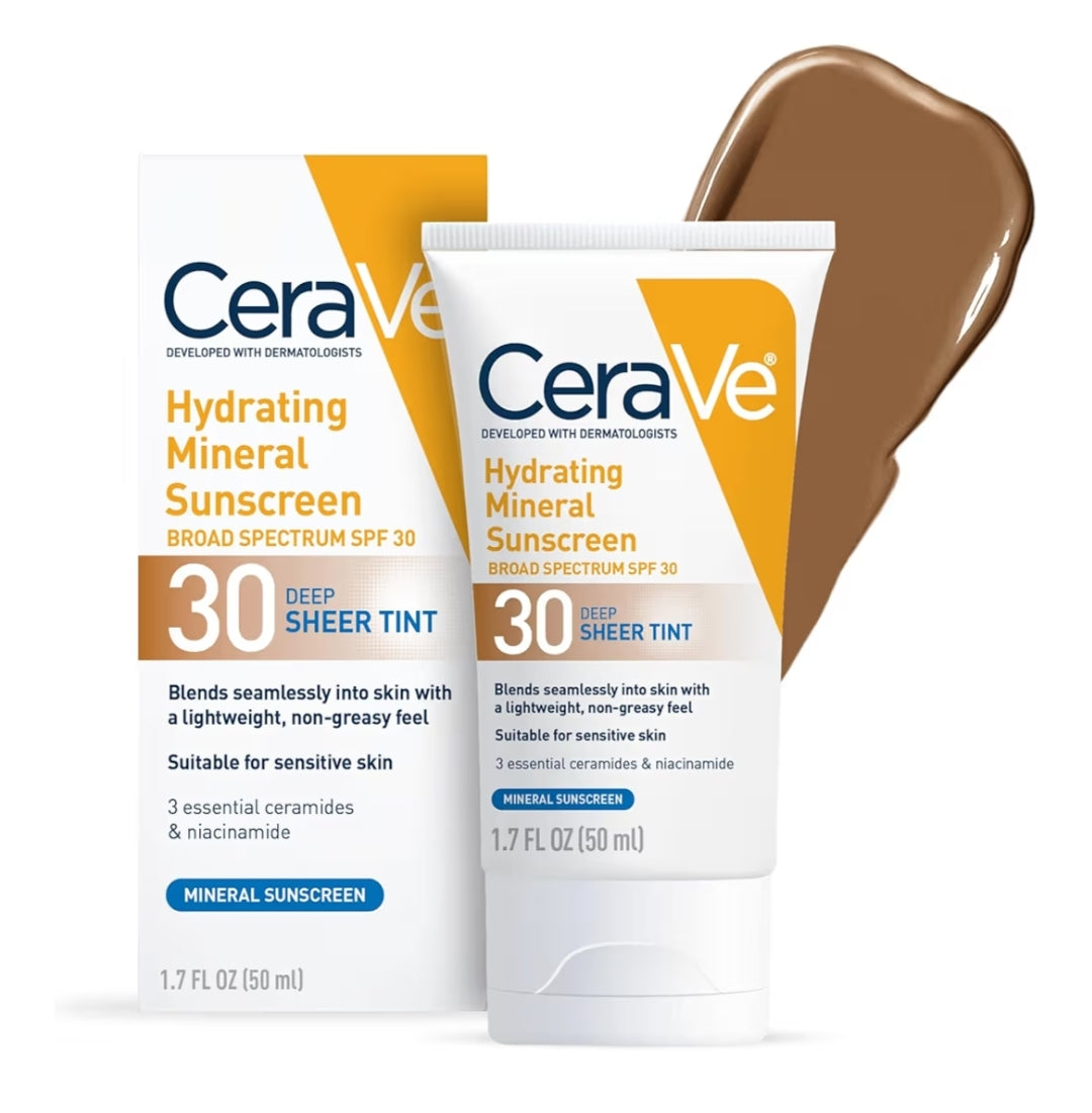 CeraVe Hydrating Mineral Sunscreen SPF 30 Getinte Mineraal Sonskerm met Sinkoksied en Titaandioksied (1.7 Oz)