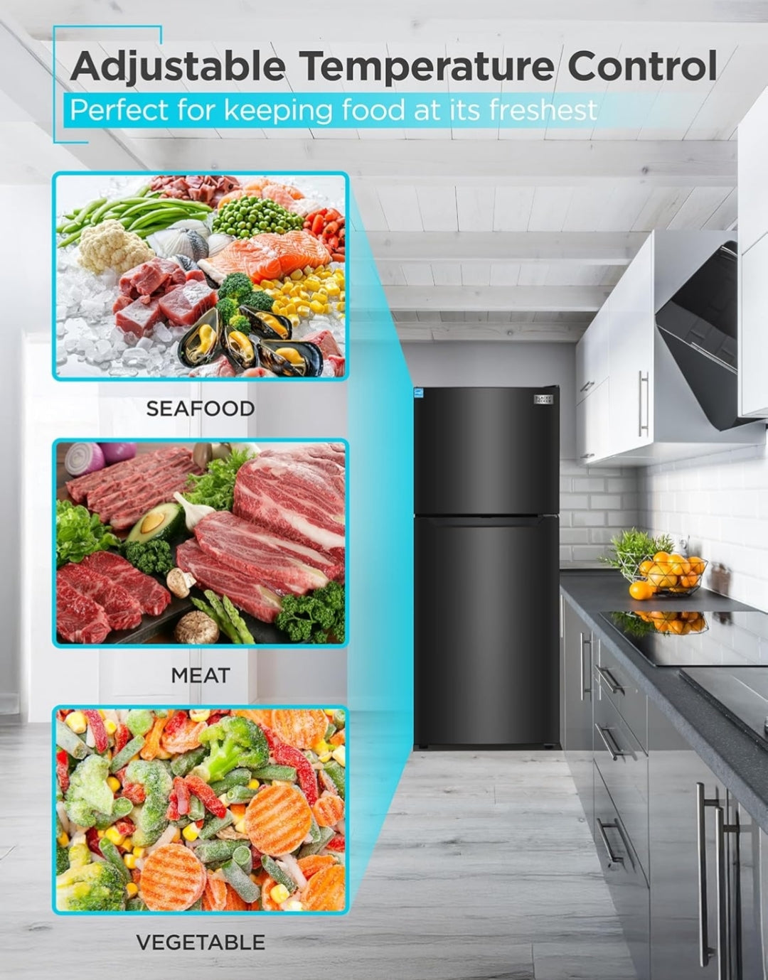 BLACK+DECKER 12.1 Kvk. Vt. Bo-op Monteerbare Yskas met Vleiskas, 2 Deur Yskas met Bo-Vleiskas en Verstelbare Temperatuurbeheer, Vir Huise en Woonstelle, ENERGY STAR, BR1210HB, Swart