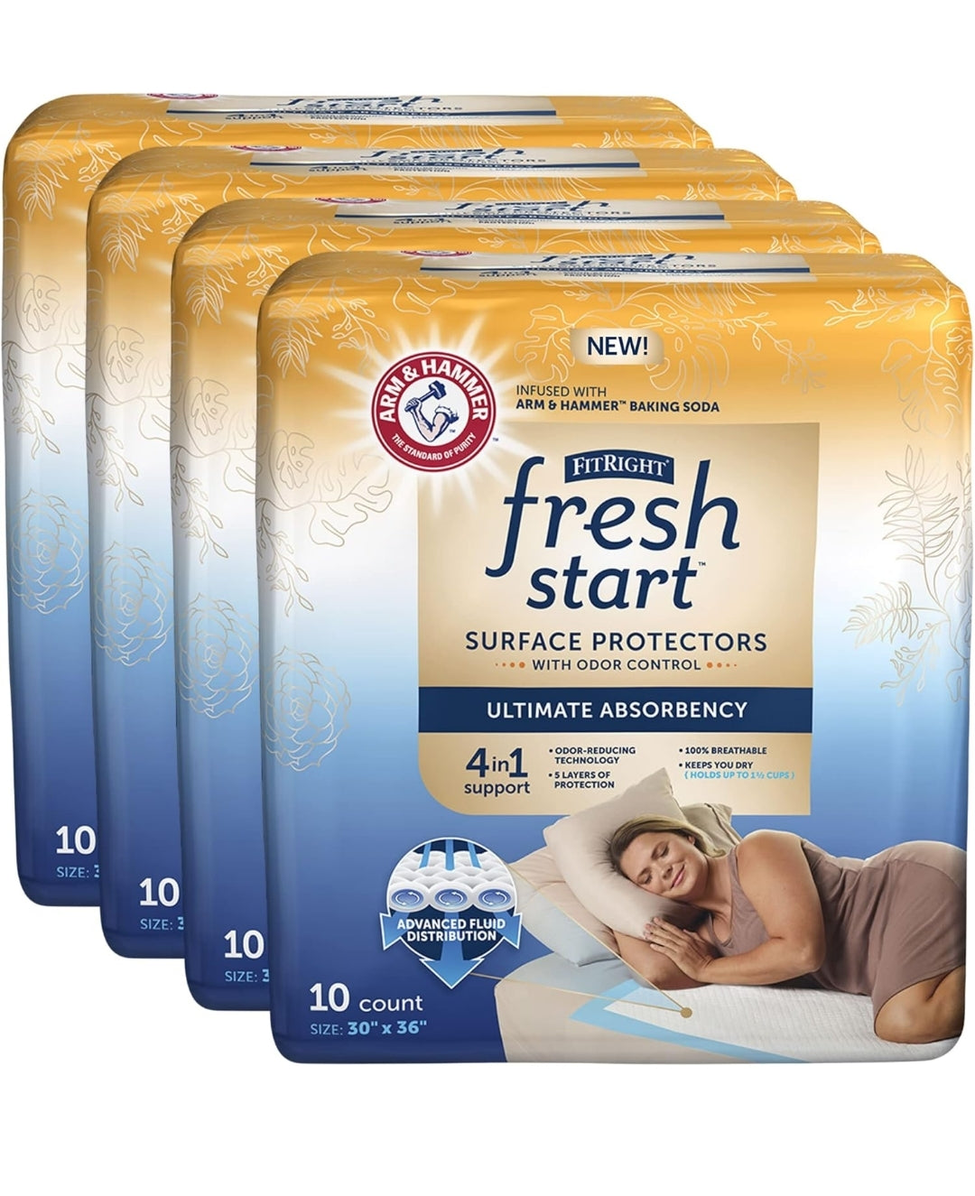 FitRight Fresh Start Disposable Underpads Absorbent w/ Odor-Control Power of ARM & HAMMER (10CT Pack of 4)