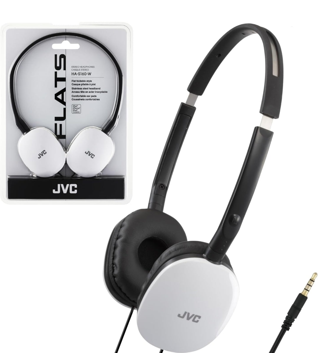 JVC Flats Oor-op-Oorfone met Draad - Plat Opvoubare Ontwerp - 30mm Drywer vir Kragtige Klank - Sagte Oorkussings vir Gemak – Staal Kopband - Liggewig & Draagbaar - Rekenaar/Skootrekenaar/Spel - 3.5mm Slank Prop