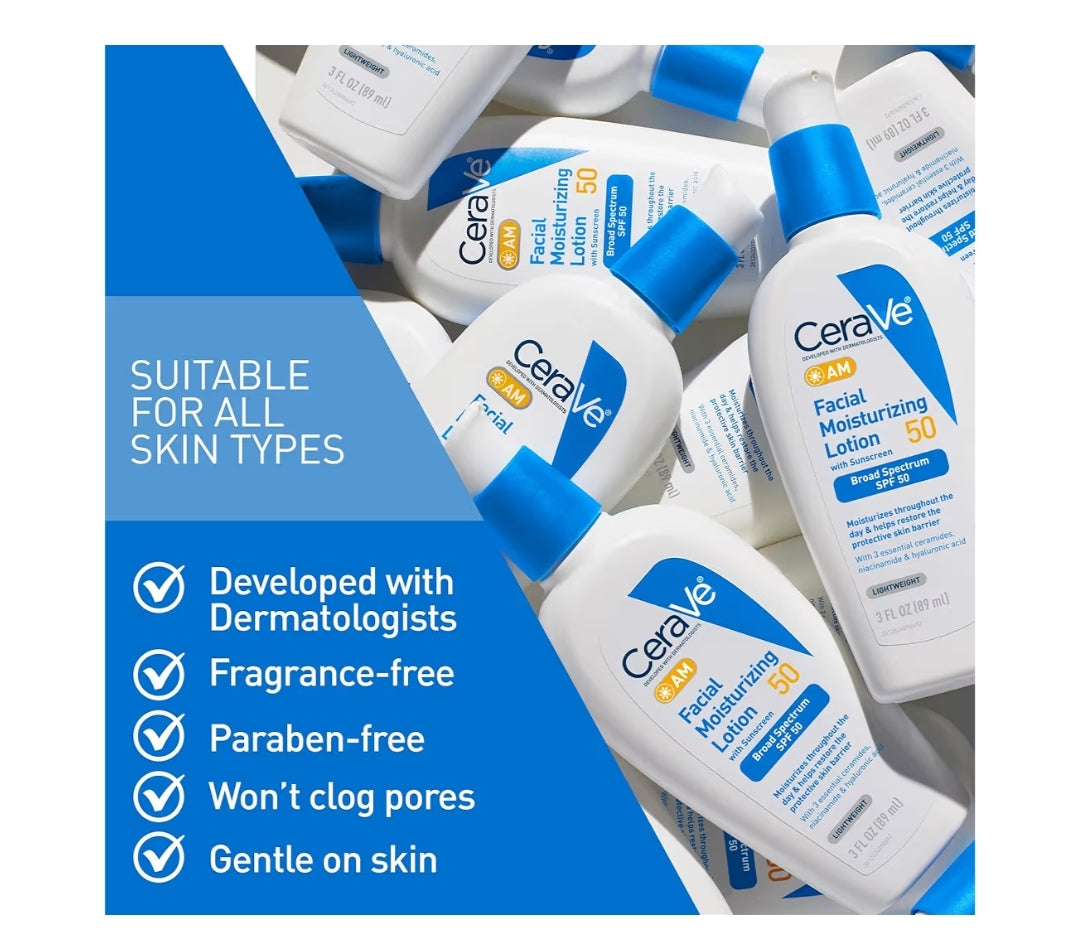 CeraVe AM Facial Moisturizing Lotion SPF 50, Face Moisturizer Hyaluronic Acid, Niacinamide & Ceramides, Non-Greasy Non Comedogenic (3 oz)