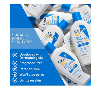 CeraVe AM Gesigsbevogtigende Lotio SPF 50, Gesigbevogtiger Hialuronzuur, Niasinamied & Ceramides, Nie-Vetterig Nie-Komedogenies (89 ml)