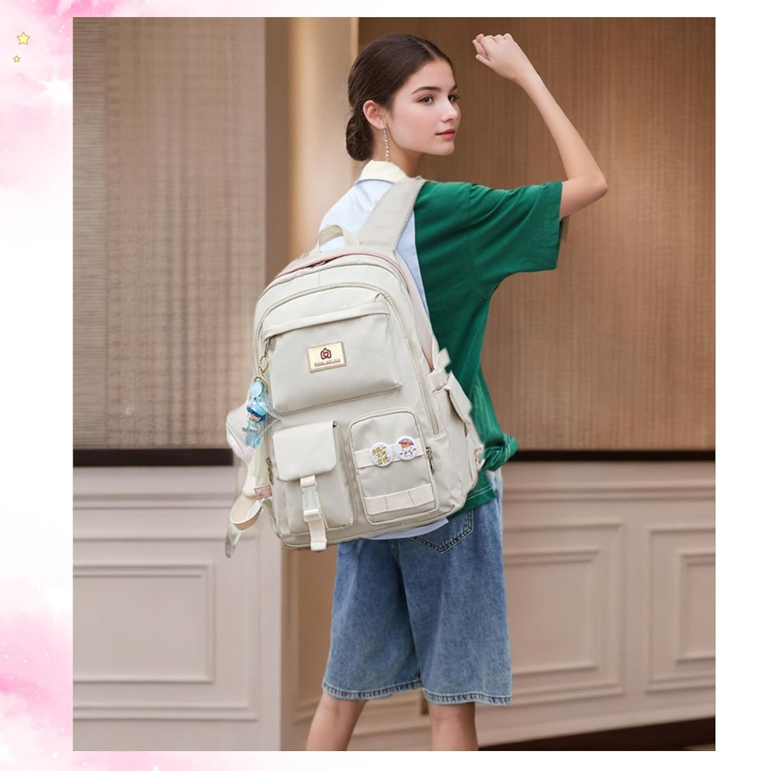 Backpack for Girls Laptop Backpacks 15.6 Inch College Cute Bookbag Anti Theft Primary Elementary School Bag Casual Daypack for Students Teens Girl Women (Beige)