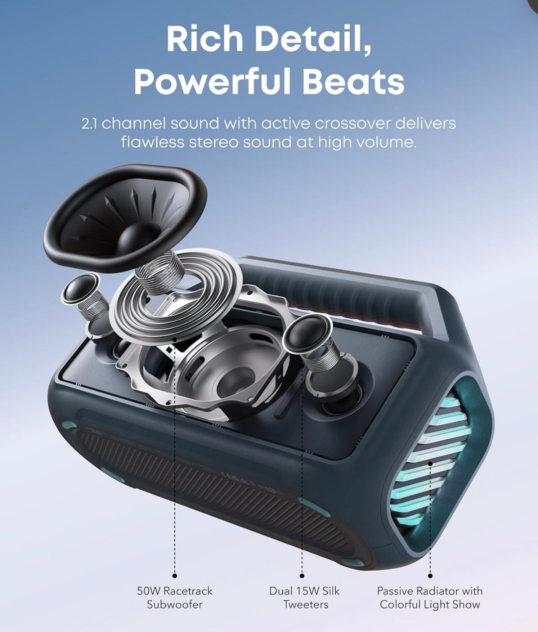 Soundcore Boom 2 By Anker, Outdoor Speaker, 80W, Subwoofer, BassUp 2.0, 24H Playtime, IPX7 Waterproof, Floatable, RGB Lights, USB-C, Custom EQ, Bluetooth 5.3, Portable for Camping, Beach, and Backyard