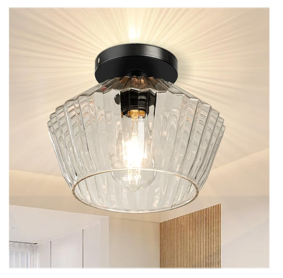 Inbou Plafonlig – Half-Inbou Plafonlamp met Tekstuurglaslampskerm - Swart Plafonlig