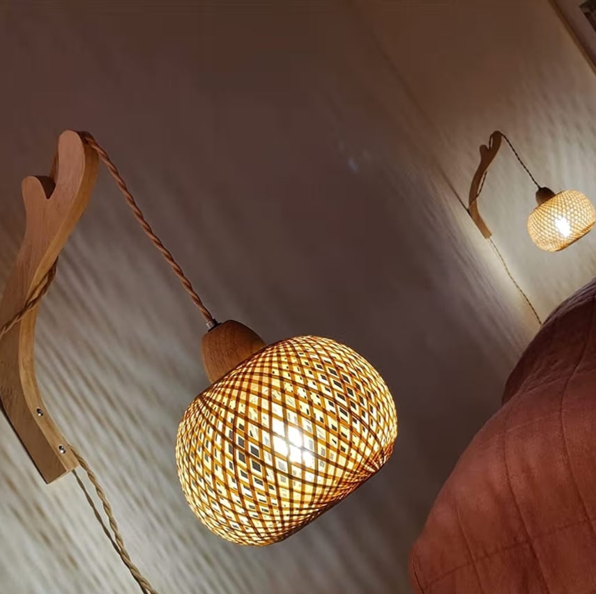 Bamboes Rotting Muurkandelaarstel van Twee Inprop-lamp met Inpropkoord, Beligtingstoebehore met 9.84FT Aan/Af-skakelaarskoord