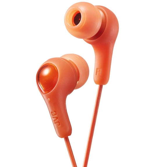 ORANGE GUMY In-ear oordopjes met pasvaste oortjies. Bedrade 3.3ft gekleurde koordkabel met koptelefoonaansluiting. Klein, medium en groot oortjie-oorstukke ingesluit. JVC GUMY HAFX7D