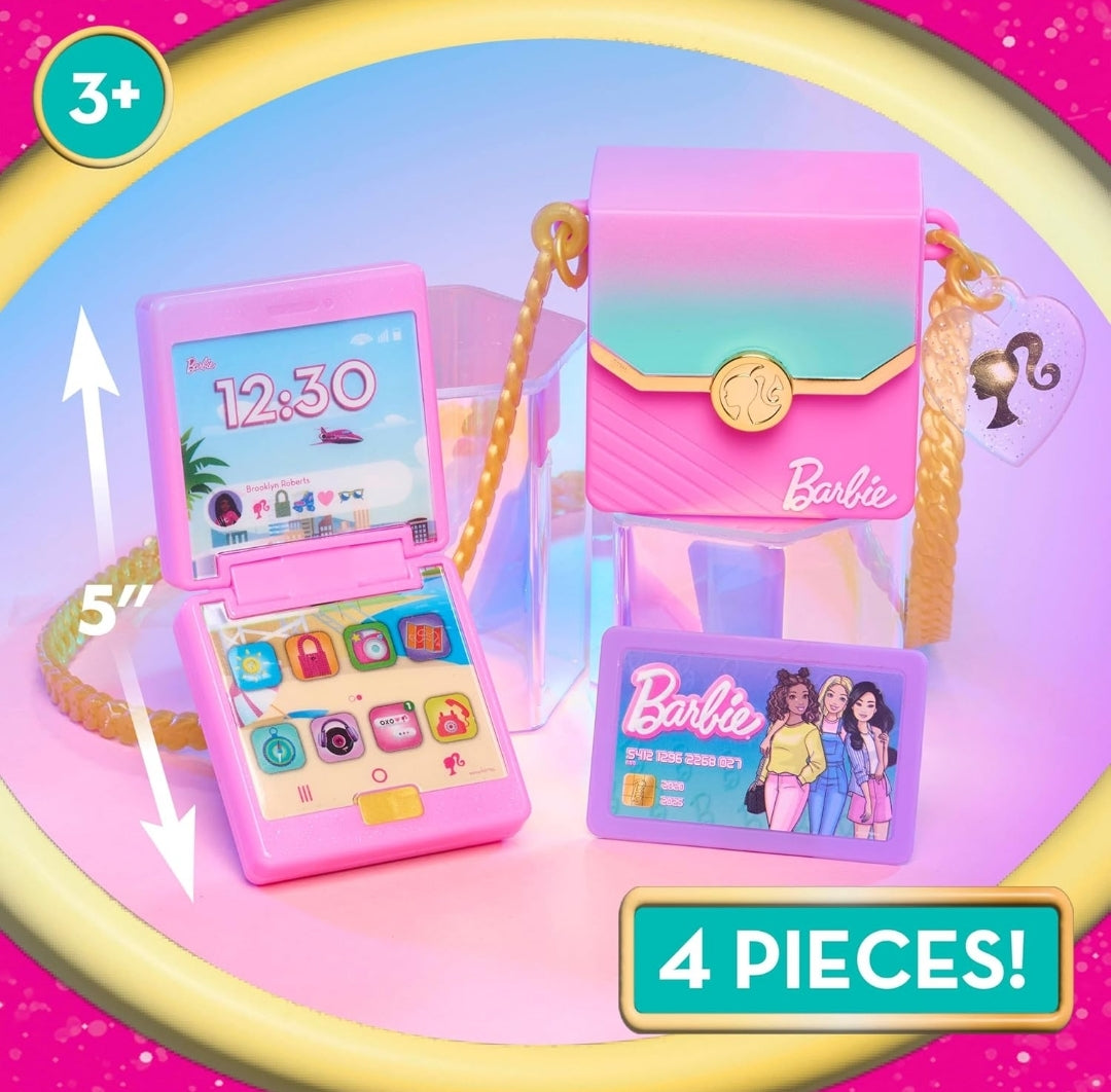 Barbie Trend Lights and Sounds Phone Set, 4-Pieces, Interactive Toy Phone, Toy Purse, Dress Up and Pretend Play, Kids Toys for Ages 3 Up by Just Play