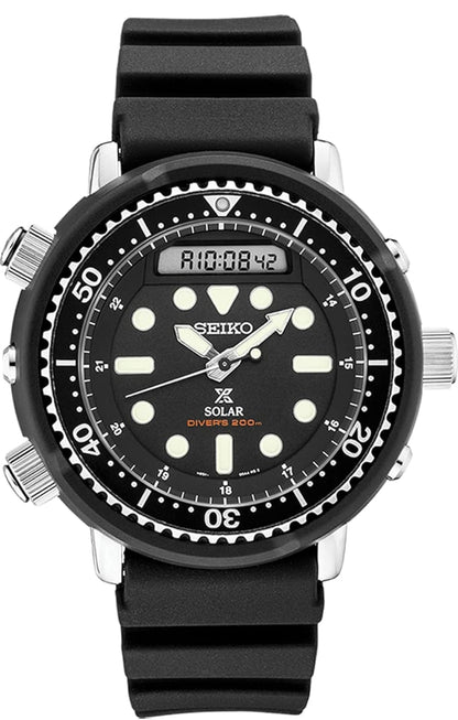 Seiko Hibried Duikhorlosie vir Mans - Prospex - Sonkrag, met Swart Wyserplaat, Liggewig-kas en Stophorlosiefunksie, 200m Waterbestand
