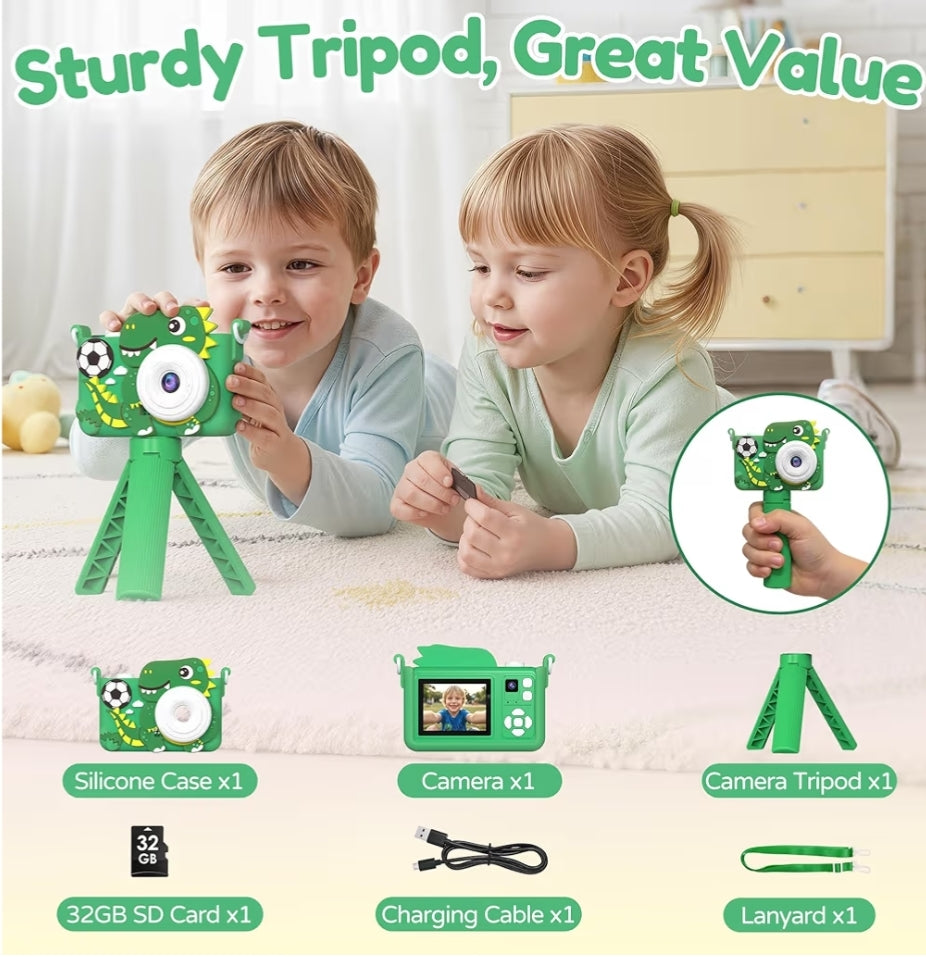 Kids Camera w/ Tripod & 32GB Card, 1080P HD Camera, Portable Toy - Green