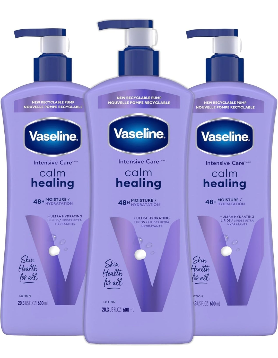 Vaseline Intensive Care Calm Healing Body Lotion 3 count for Dry Skin Made with Ultra-Hydrating Lipids and Lavender Extract to Heal and Restore Dry Skin 20.3 oz