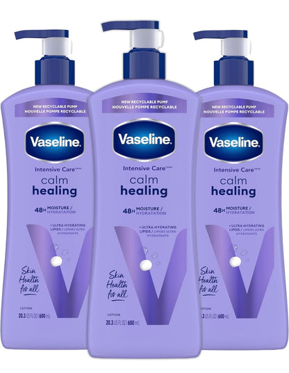 Vaseline Intensive Care Calm Healing Body Lotion 3 count for Dry Skin Made with Ultra-Hydrating Lipids and Lavender Extract to Heal and Restore Dry Skin 20.3 oz