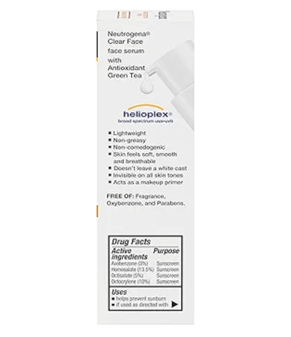 Neutrogena Clear Face Serum Sonbrandmiddel met Groen Tee SPF 60 Nie-komedogenies Liggewig UVA/UVB-beskerming & Geurloos - 1.7 fl. oz