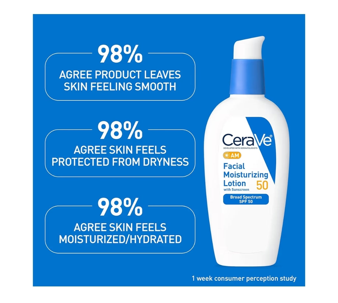 CeraVe AM Facial Moisturizing Lotion SPF 50, Face Moisturizer Hyaluronic Acid, Niacinamide & Ceramides, Non-Greasy Non Comedogenic (3 oz)