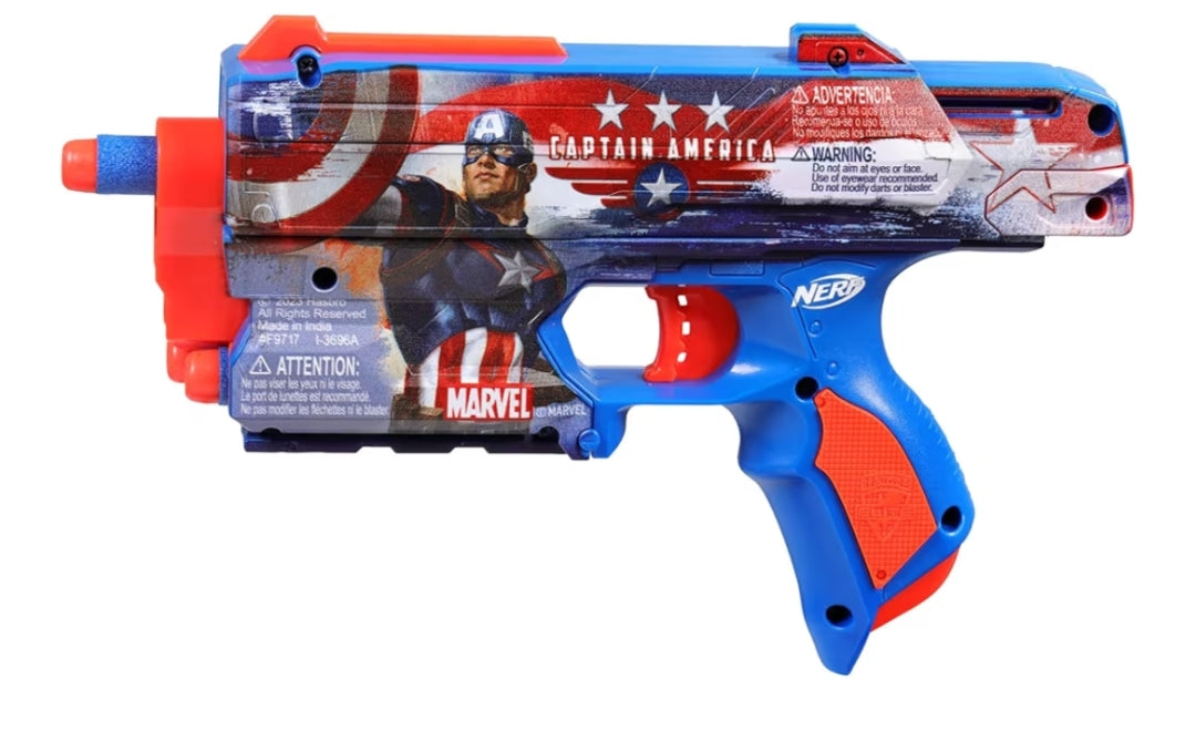 Nerf Marvel Captain America Dart Blaster, 10 Elite Darts, Holster, Toy Foam Blasters for 8 Year Old Boys & Girls & Up