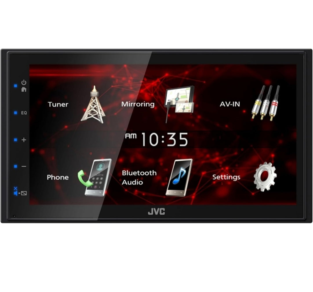 JVC Dubbel DIN in-dash 6.8" Raakskerm Bluetooth USB Digitale Multimedia Motorradio-ontvanger, 4X 6x8 300 Watt Maksimum Krag 2-rigting Motorklankluidsprekers, 22" Antenna, 16 Gauge 50 voet Luidsprekerkabel