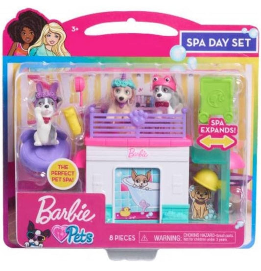 Barbie Troeteldier Spa Dag Speelstel, 8-Stuk Koppelbare Speelstel met Troeteldierfigure en Toebehore, Kinderspeelgoed vir Ouderdomme 3 en Op deur Just Play