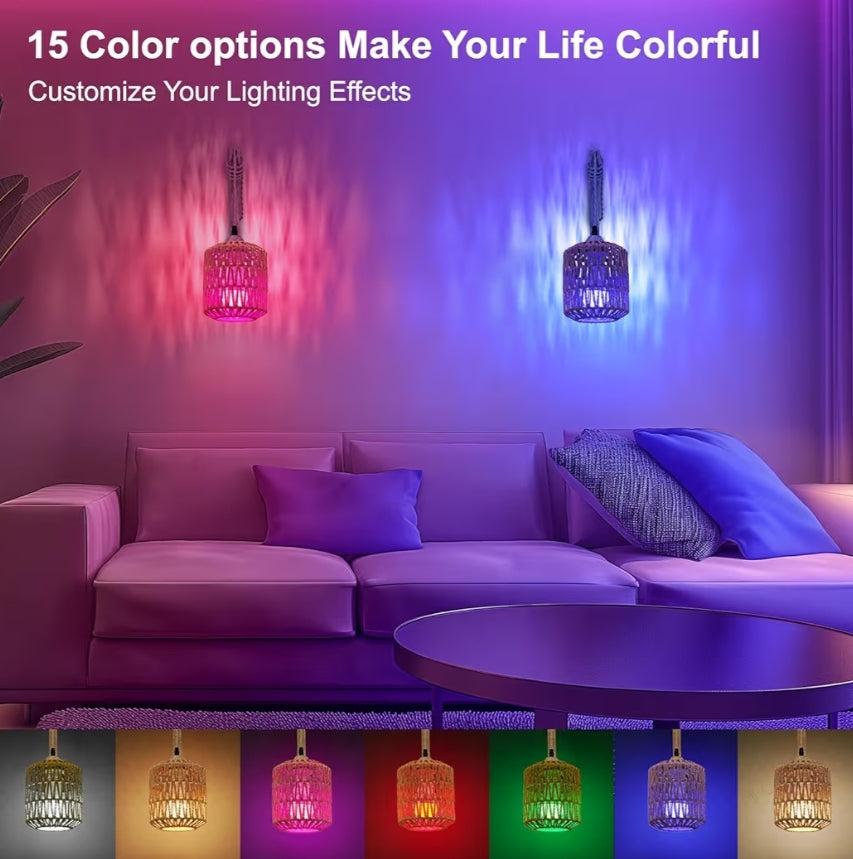 Boho Herlaaibare Muurligte Stel van Twee m/ Afstandbeheer, RGB 15 Kleure Verstelbare Battery-Aangedrewe Muurlig, Draadlose Muurlamp vir Binneshuis