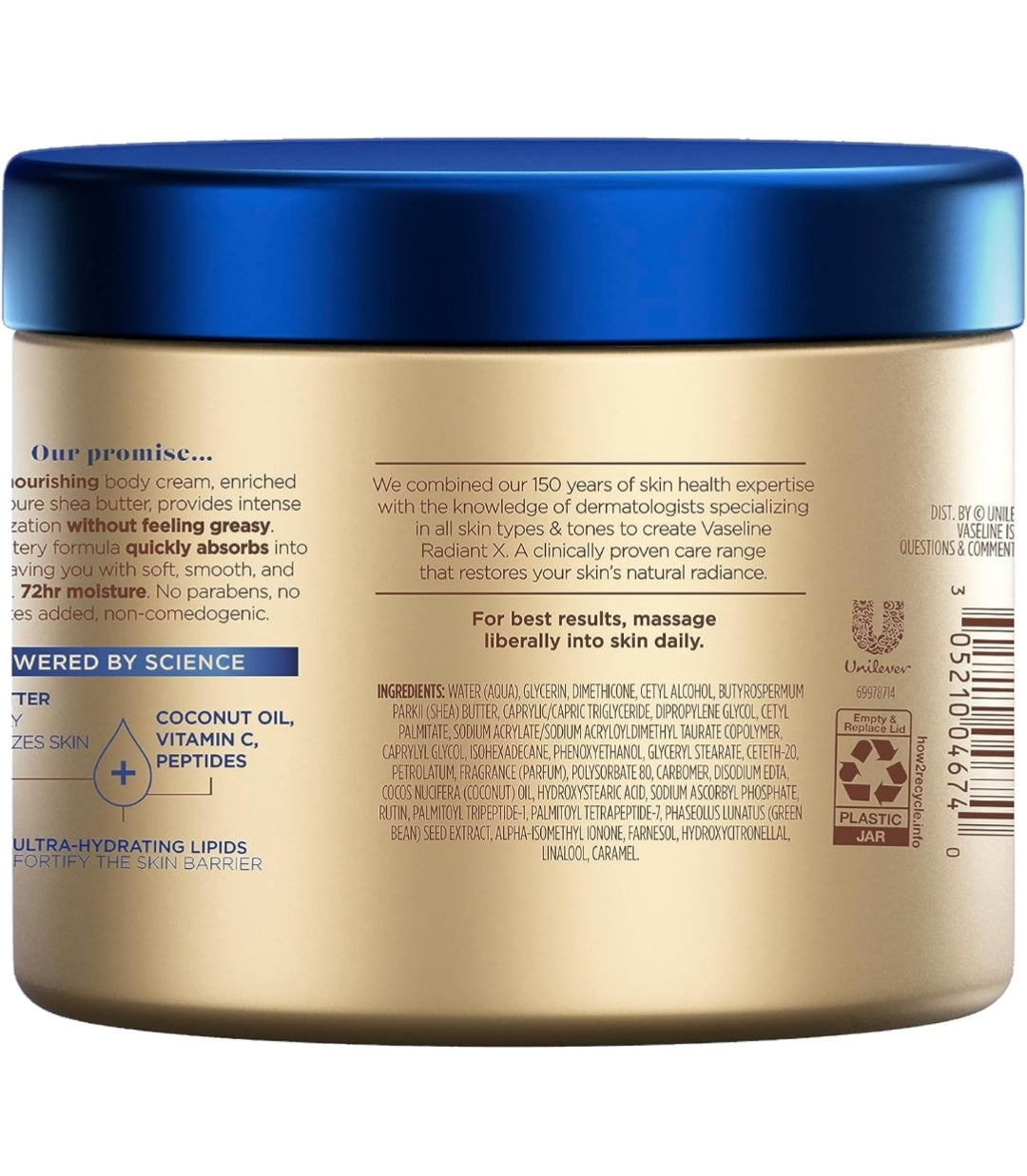 Vaseline Radiant X Deep Nourishment Body Cream 100% Pure Shea Butter, Coconut Oil, Vitamin C, & Peptides 10 oz