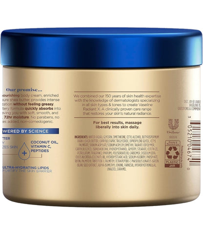Vaseline Radiant X Deep Nourishment Body Cream 100% Pure Shea Butter, Coconut Oil, Vitamin C, & Peptides 10 oz