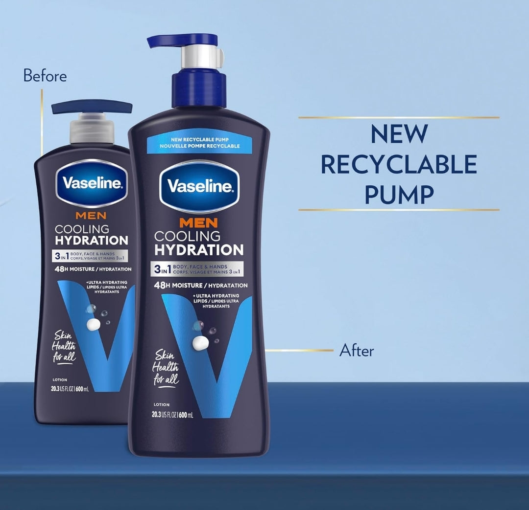 Vaseline Men Cooling Hydration 3-in-1 4 Pack for Dry Skin Face, Hands & Body Lotion for Men with Menthol & Ultra-Hydrating Lipids 20.3 oz