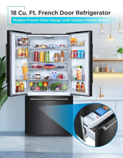BLACK+DECKER 18 Cu. Ft. Franse Deur Yskas met Ingeboude Ysmaker, Volgrootte Yskas met Ondergemonteerde Vrieslaai, Rypvry, ENERGY STAR-gesertifiseer, BRF1800GIMB, Swart