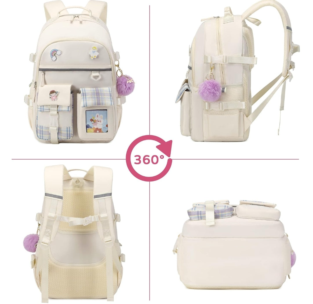 Backpack for Girls, 15.6 Inch Laptop School Bag Kids Kindergarten Elementary College Backpacks Large Bookbags for Teen Girl Women Students Casual Travel Daypacks (Beige)