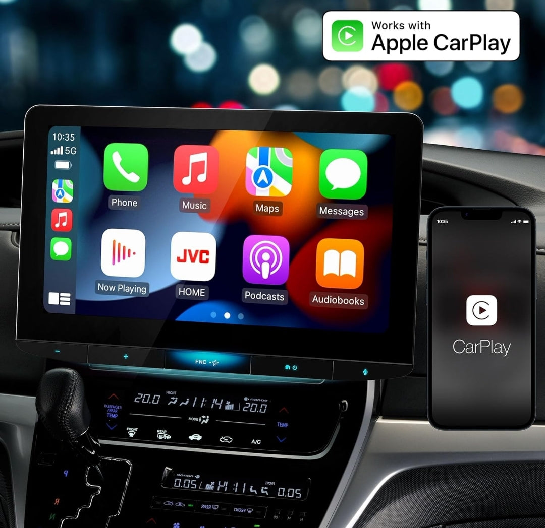 JVC Bluetooth-motorstereontvanger met USB-poort – 10.1" drywende raakskerm HD-skerm, AM/FM-radio - MP3-speler - Dubbel DIN - Waze-gereed met Apple CarPlay of Android Auto (Swart)