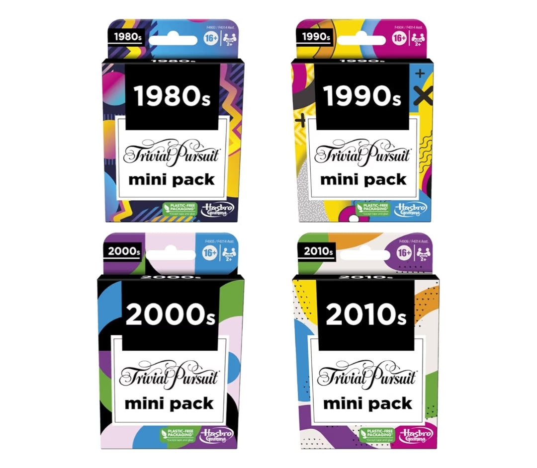Hasbro Games Trivial Pursuit Mini Packs Multipack - Fun Trivia Questions for Adults and Teens - Includes 4 Game Featuring 4 Decades