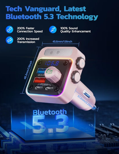 54W Bluetooth 5.3 Motorkaradapter m/ 4 Laaipoorte, Koordlose Radio FM-sender & 5 Kleure LED-agtergrondlig, Hands-free Oproepe - Pink